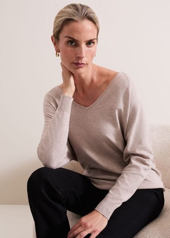 Phase Eight Senita Fine V-Neck Knitwear Beige Australia | ME8213570